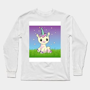 Cute unicorn sitting on grass Long Sleeve T-Shirt